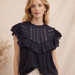 Veronica Beard Tamsyn Ruffled Top Size 8 Lace Mock Neck Flutter Sleeve Top Blue